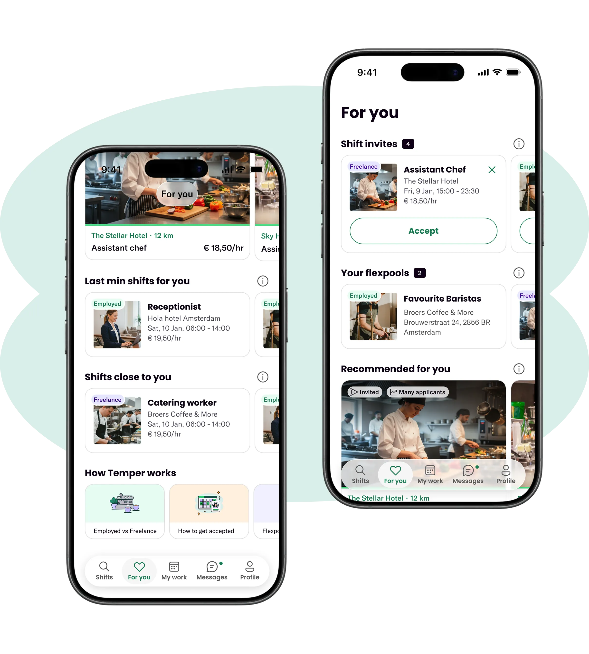 The Temper worker app on two phones